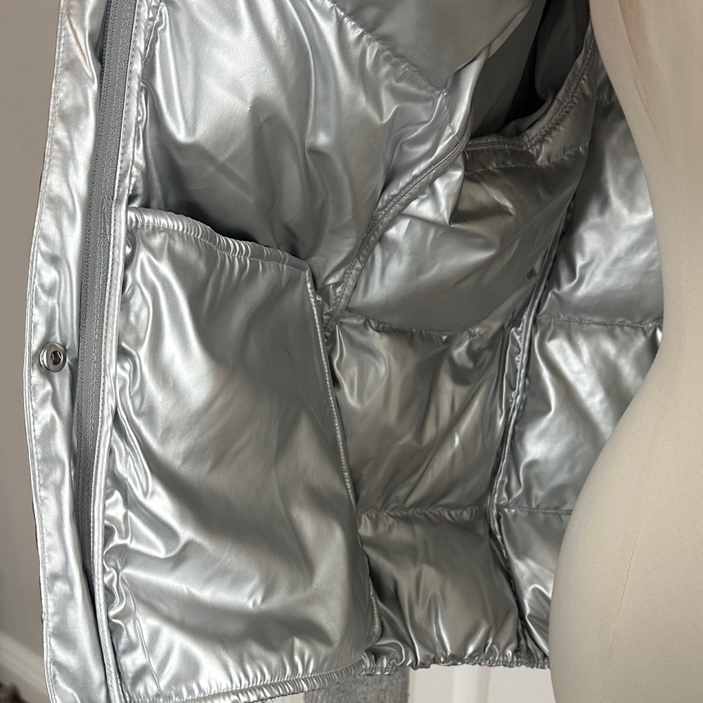 Talbots Metalic Silver Puffer Quilted Cable Knit Sleeves Winter Jacket Size L - Picture 12 of 14